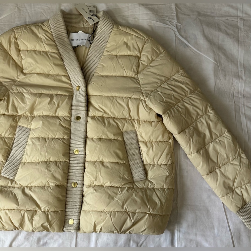 Women's NWT Rebecca Minkoff Beige Water Repellent Puffer Coat Size L Orig $328 - Picture 2 of 13